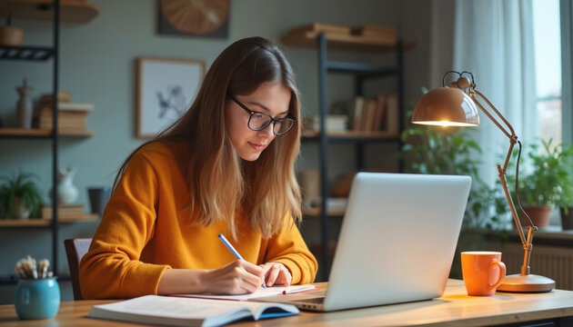 Young woman studies at desk with laptop, notebook. Female student writes notes, uses computer for research in cozy home office with warm lamp light. Prepares for exams, homework in organized