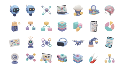 Ai technology and machine learning icons for innovation and automation in business and industry use