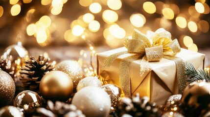 A beautifully wrapped gift box with a golden ribbon sits among shiny ornaments and pine cones
