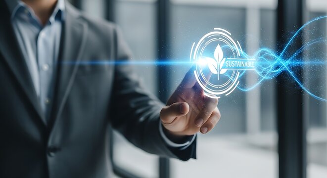 Businessman touching a glowing digital icon representing sustainability and green energy with blue light trails