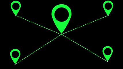 5 location icon connected Location line map tracking icon location mark pointer animated on a black background.