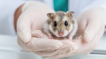 A veterinarian in white gloves holds a small, brown and white hamster.