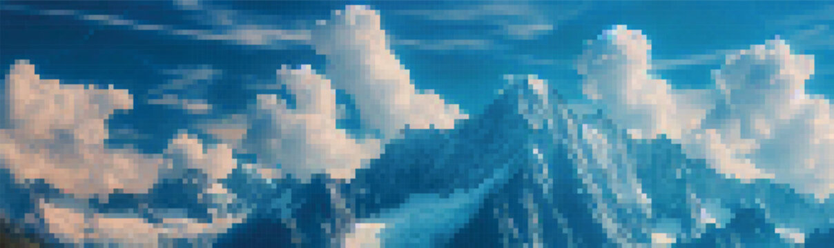 Pixel art vector of snowy mountains beneath a vivid blue sky with fluffy clouds. Retro 8-bit landscape in cool cyan and azure shades, evoking nostalgia, adventure, and serene digital beauty.