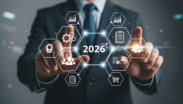 Businessman touching a futuristic interface displaying the year 2026 with various business icons and network connections