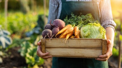 A person holds a wooden crate filled with fresh vegetables, including carrots, beets, and lettuce