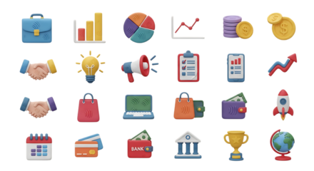 Business finance investment strategy icons set for growth and success in market and economy trends