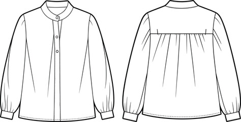 Women's blouse technical sketch, front and back view, band collar, gathered sleeve detail, fashion flat vector, CAD drawing illustration