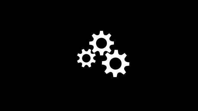 3 white gears spinning. Group of gears. Alpha channel. Gears rotating animation. cogwheel gear icon logotype rotating animation.