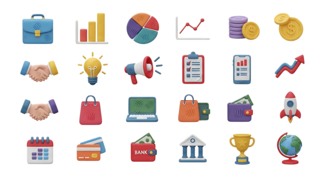 Business finance investment strategy icons set for growth and success in market and economy trends