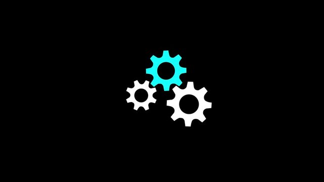 3 white and cyan gears spinning. Group of gears. Alpha channel. Gears rotating animation. cogwheel gear icon logotype rotating animation.