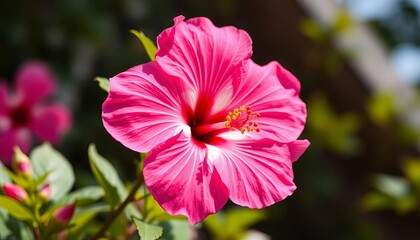 A vibrant pink hibiscus flower in full bloom, showcasing its delicate petals and prominent stamen,  wallpaper,  blossom
