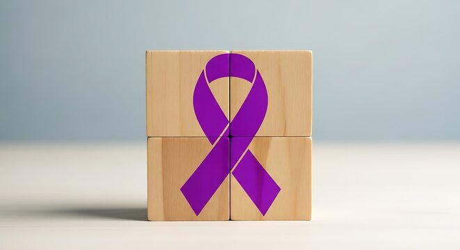 Purple awareness ribbon symbol on wooden blocks, representing support and solidarity for various causes and health conditions