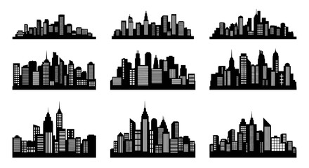 Obraz premium Create your urban masterpiece with these city skyline silhouettes, perfect for website headers and modern designs with a professional edge