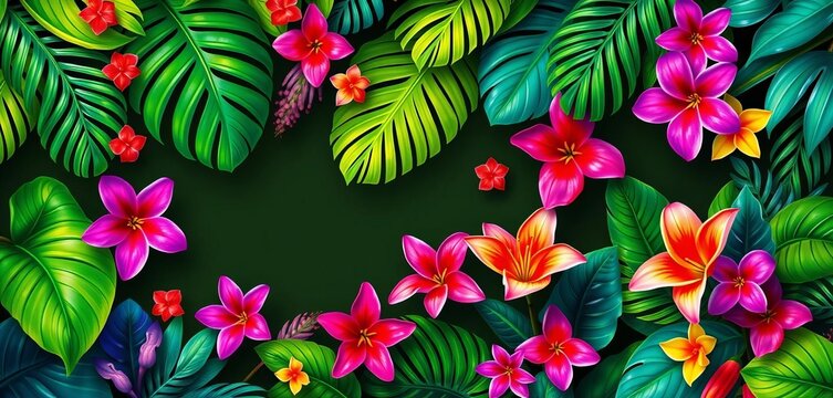 Vibrant tropical banners with lush foliage and exotic flowers, perfect for island themed celebrations or summer events,  backdrop,  garland - Powered by Adobe