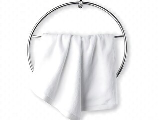 White fluffy towel hanging on a polished metal bar against a smooth wall