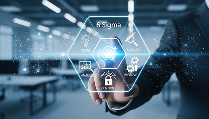 Businessman touching a digital hexagon interface with 6 sigma icons representing business process improvement and quality management