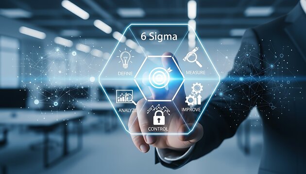 Businessman touching a digital hexagon interface with 6 sigma icons representing business process improvement and quality management - Powered by Adobe