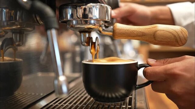 Close-up of espresso coffee being brewed by professional machine