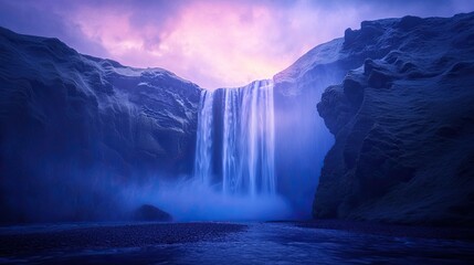 A silhouette of a towering waterfall crashing into dark rocks below