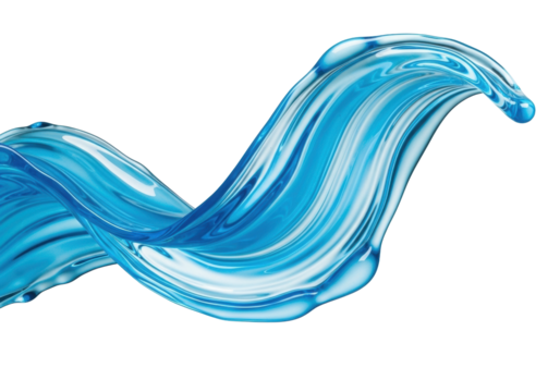 Vibrant light blue watercolor brush stroke, sculpted into a monumental, flowing form, translucent, capturing dramatic studio light on a solid transparent background, concept of liquid art