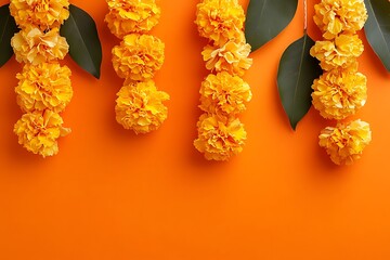 Glossy Altar with Reflective Marigold Petals concept as A wide shot of a glossy altar covered with reflective marigold petals set against a dark glossy background capturing the spiritual and cultural