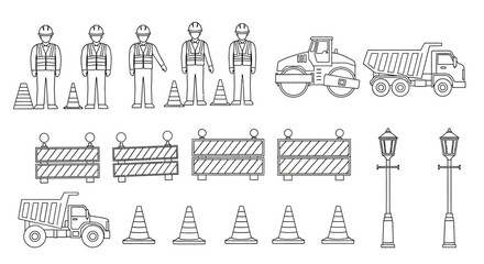 Construction workers road equipment barriers and streetlights in a lineart illustration