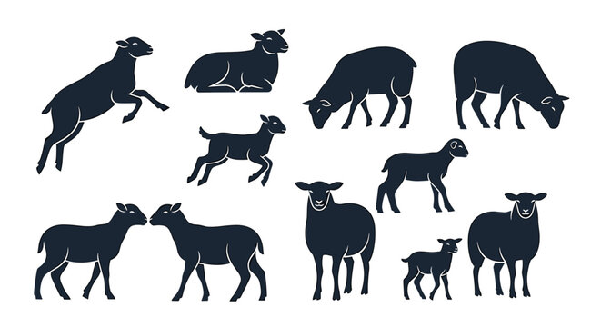 Charming collection of silhouette sheep and lambs showcasing various playful and peaceful poses, perfect for farm or nature themes.