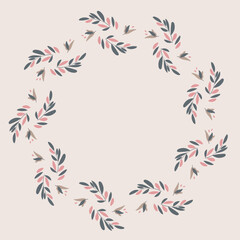 Vector round wreath of gray and pink leaves on a soft pastel background, perfect for greeting cards, invitations, packaging, posters, elegant seasonal and Christmas compositions with space for text