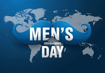 International mens day celebrated globally on november 19th with a prominent blue mustache graphic superimposed over a world map, symbolizing unity and awareness