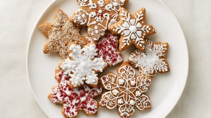 A plate of decorated snowflake-shaped cookies. The cookies are adorned with white icing and colorful sprinkles.