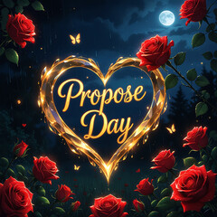 Propose Day Celebration with Glowing Heart and Red Roses Under Moonlight.