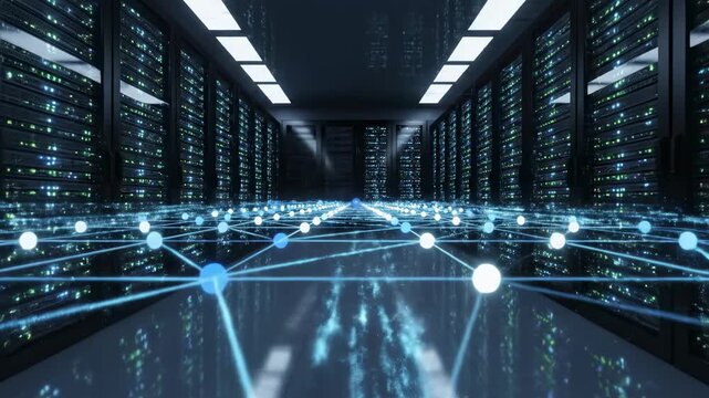 A Surreal Visualization of a High-Tech Data Center with Virtual Connections and Networks Representing Data Flow Among Server Nodes