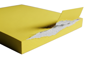 Vibrant yellow sticky note, torn corner exposing fibrous interior and tacky adhesive, isolated on a transparent background with shadow. Detailed study of texture and material