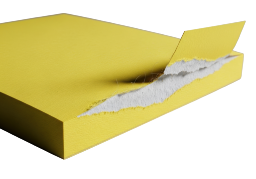 Vibrant yellow sticky note, torn corner exposing fibrous interior and tacky adhesive, isolated on a transparent background with shadow. Detailed study of texture and material - Powered by Adobe