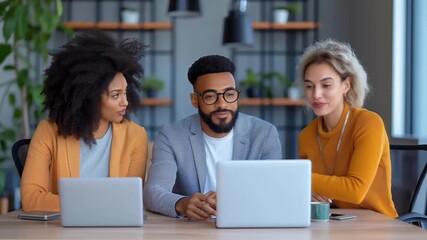 diverse coworkers sitting at desk using laptop discussing ideas and collaborating in modern office environment with positive teamwork - Powered by Adobe