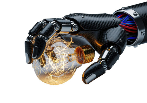A matte black carbon fiber robotic hand with exposed vibrant wiring grips a shattering incandescent light bulb with arcing golden energy on a gray background. High-tech dynamic of controlled