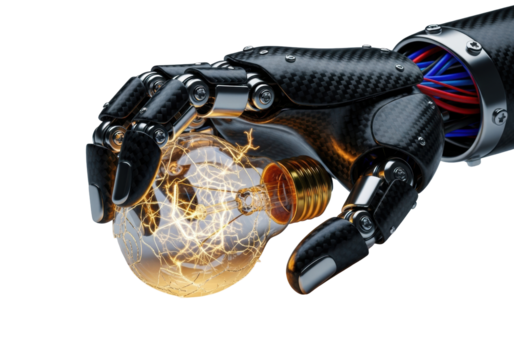 A matte black carbon fiber robotic hand with exposed vibrant wiring grips a shattering incandescent light bulb with arcing golden energy on a gray background. High-tech dynamic of controlled