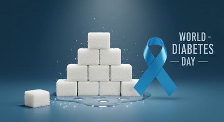 Awareness for World Diabetes Day featuring stacked sugar cubes and a blue awareness ribbon symbolizing health and disease prevention