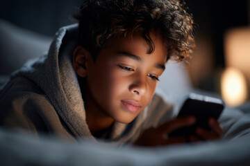 A young boy is lying on his bed and looking at his cell phone