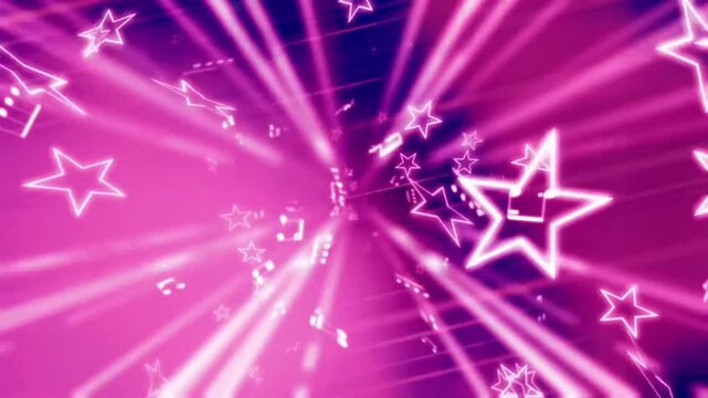 Bright pink stars and music notes zooming in dynamic burst motion with glowing streaks