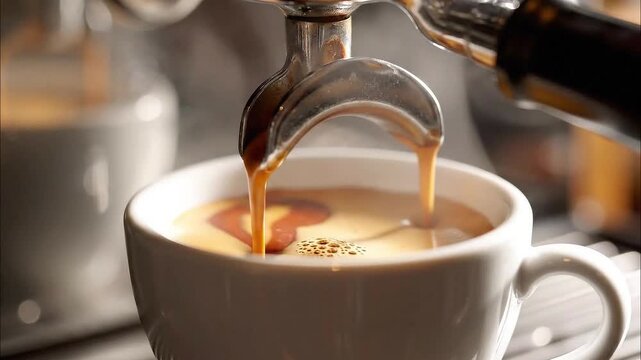 Fresh espresso coffee brewing from machine into white cup
