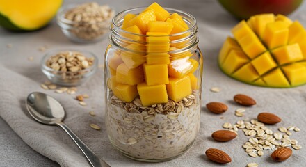 Savor vibrant mango overnight oats with crunchy almonds a perfect healthy breakfast treat for busy mornings
