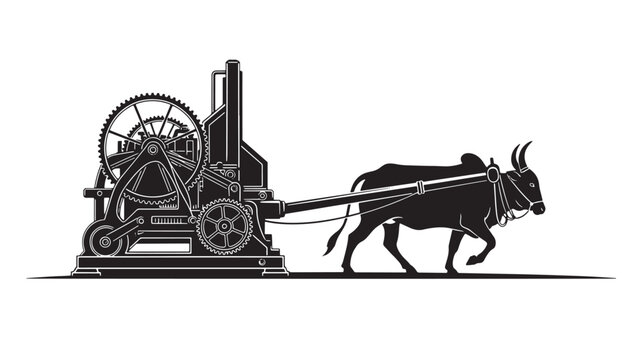 Striking silhouette of a bullock cart powering a vintage industrial machine, a dynamic blend of nature and technology, perfect for illustrating innovation or historical agriculture