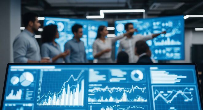 Data Analytics Team with Blurred Dashboard Screen. glowing monitor displaying blurred charts and graphs. In the softly blurred background. Concept of data-driven decisions, finance, and technology