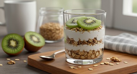 Start your day right with a delicious yogurt parfait, showcasing healthy granola and kiwi slices for a vibrant breakfast or snack time treat