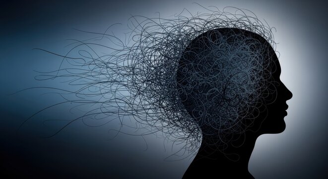 Silhouette of a head disintegrating into particles, concept of mental health