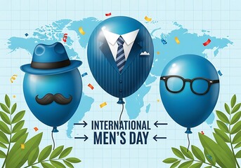 International mens day celebration with balloons dressed as a man with a hat, tie, and glasses, on a world map background with confetti and foliage