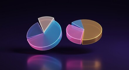 Stunning 3D pie charts with vibrant neon glows represent data analysis and business growth, perfect for financial reports and presentations