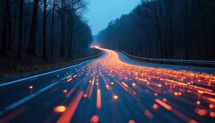 Abstract glowing lights stream along dark forest road. Concept of fast data transfer digital progress and network evolution. Future tech and speed.