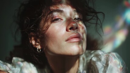 Artistic close up portrait of a serene young woman with curly hair looking at the camera, her face illuminated by gentle sunlight and beautiful, colorful prismatic light reflections - Powered by Adobe